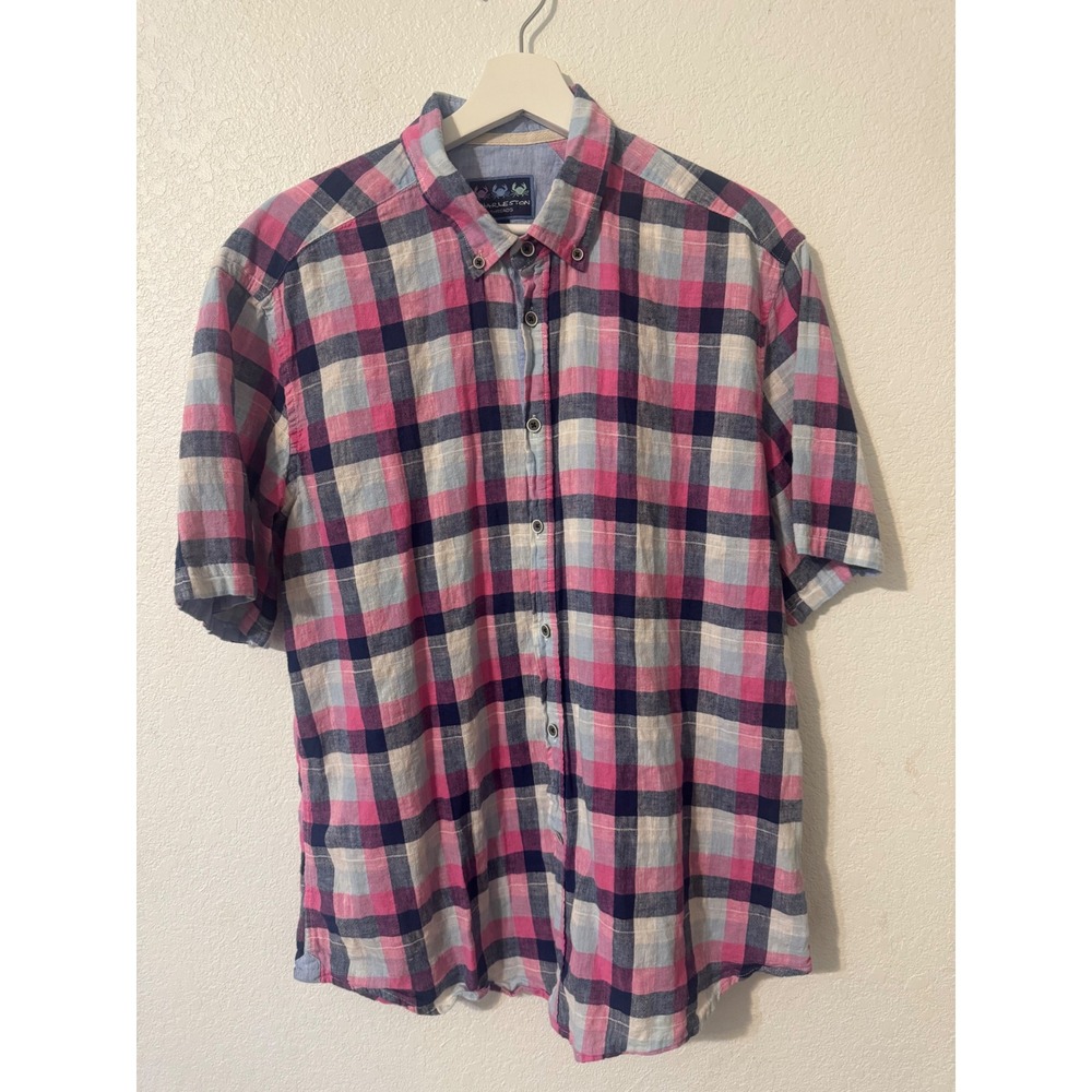 Charleston Threads Plaid‎ Linen Blend Button Down Short Sleeve Shirt L